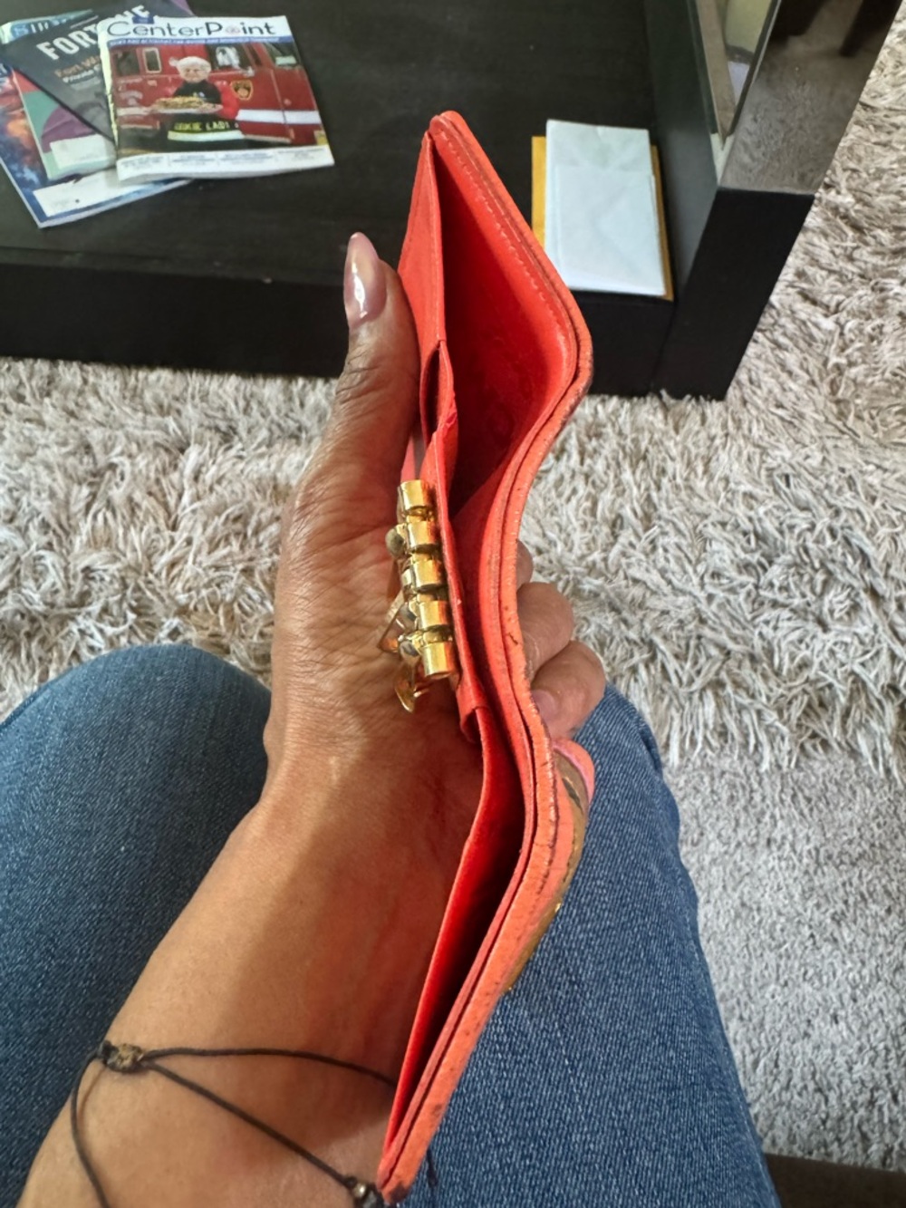 MCM Colorblock Trifold Key Pouch Wallet in Orange, Pink and Cognac/Beige - Picture 12 of 13